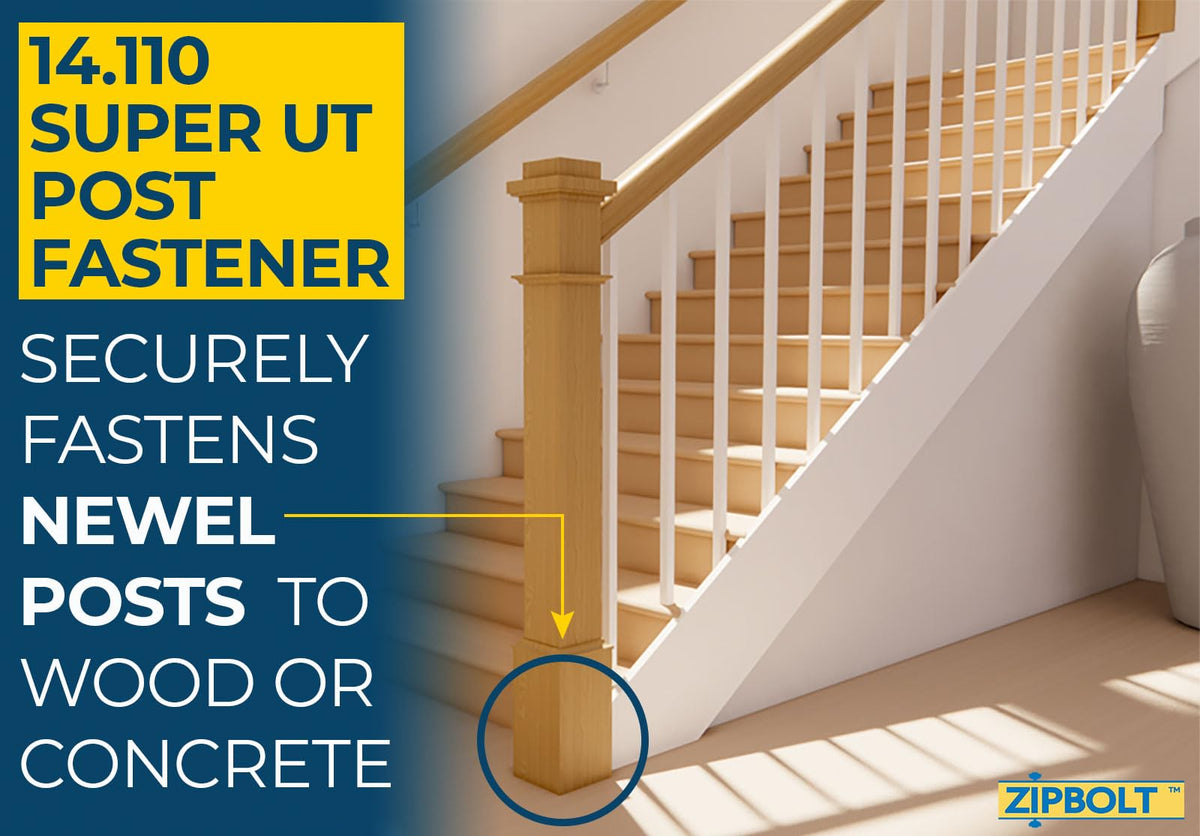 Zipbolt 14-110 wrench-free installation diagram highlights quick staircase post setup.