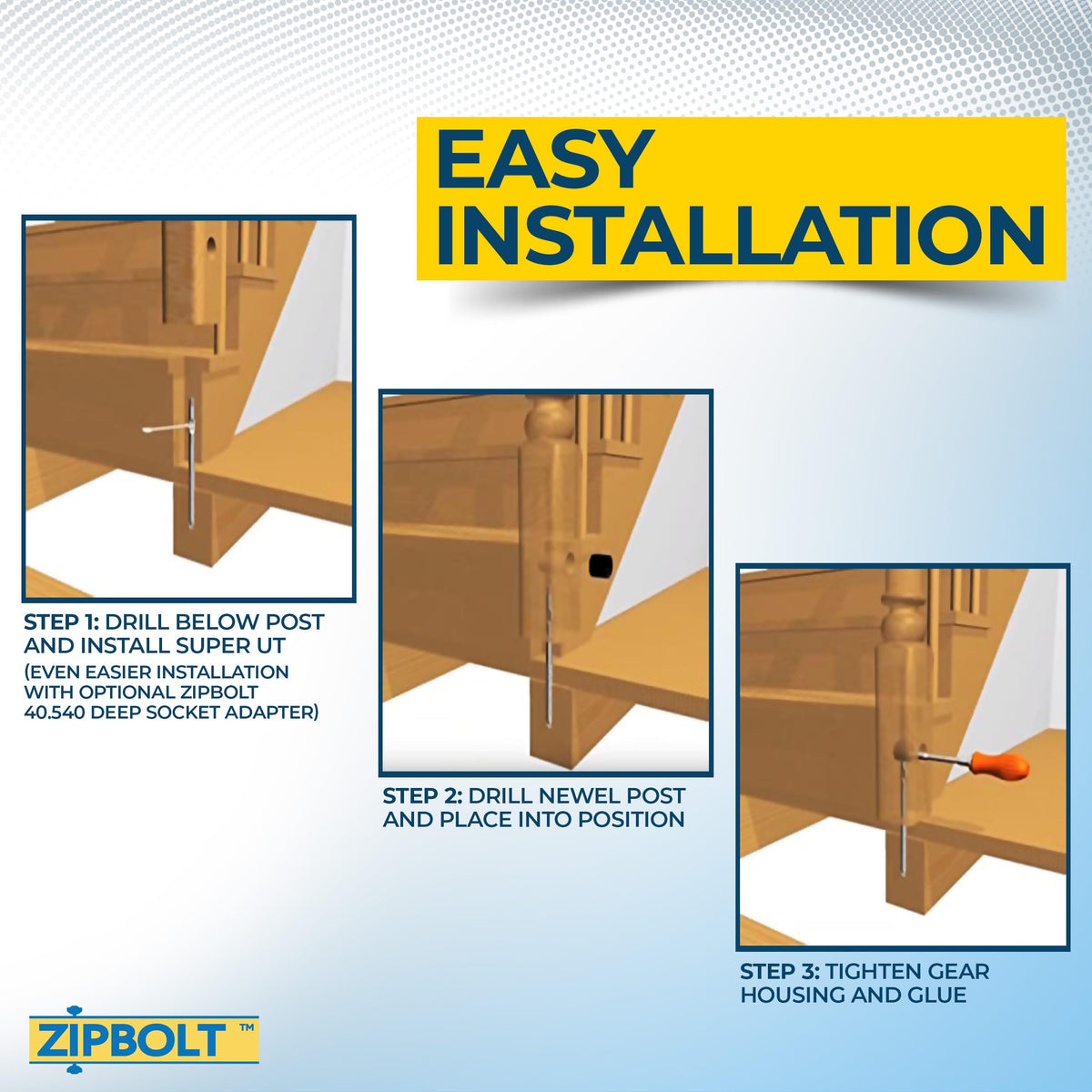 Zipbolt 14-110 application on wood stair demonstrates secure anchoring.