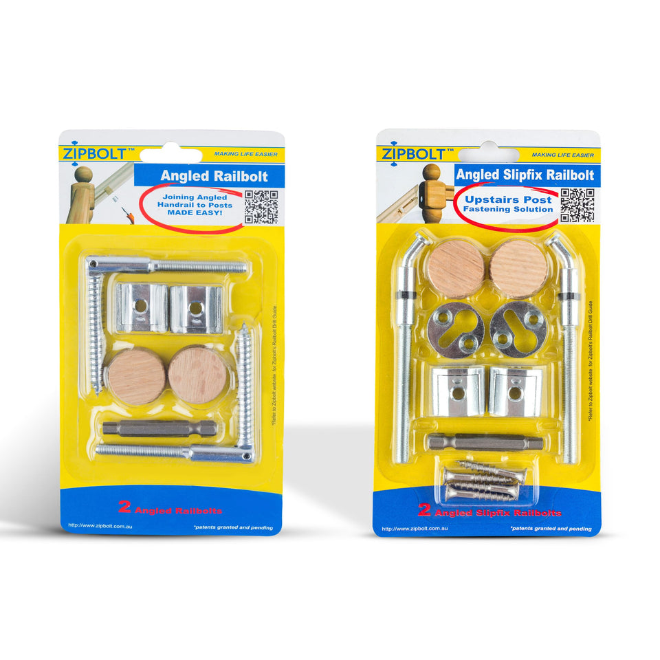 Zipbolt Angled Railbolt 11.560 lowers the handrail securely to a newel post with hidden fastener.