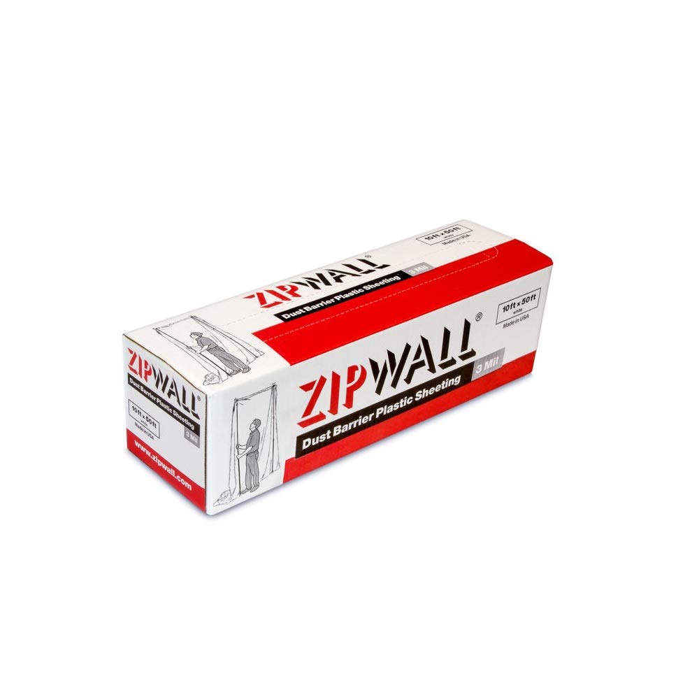 ZIPWALL PY50 dust barrier plastic sheet in white laid out for a 10x50ft run, light-permeable privacy for work areas.