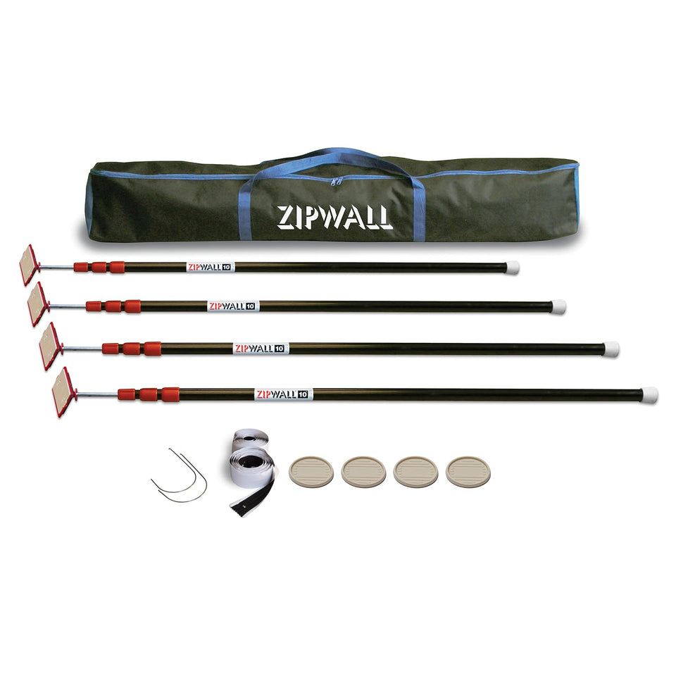 ZipWall ZP4 extended setup shows adjustable pole height for flexible dust barriers.