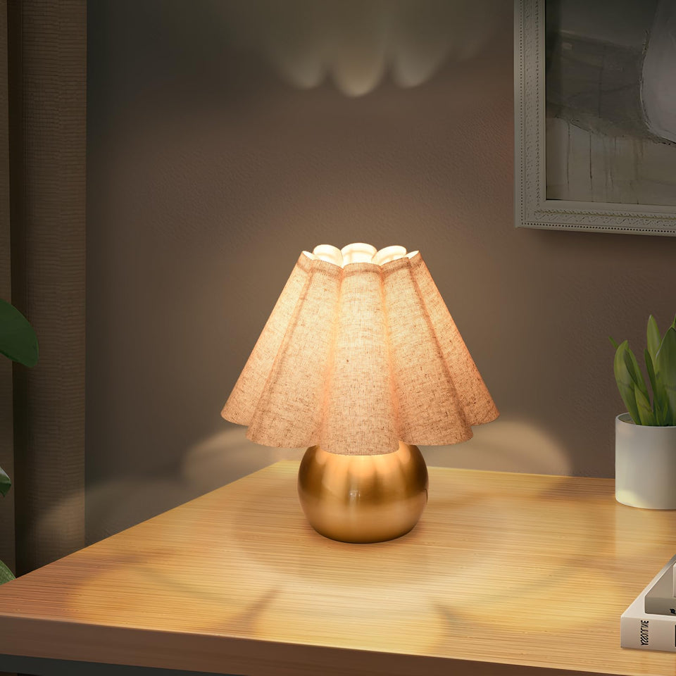 Ziqqeelam gold small bedside lamp with scalloped shade for cozy nighttime reading