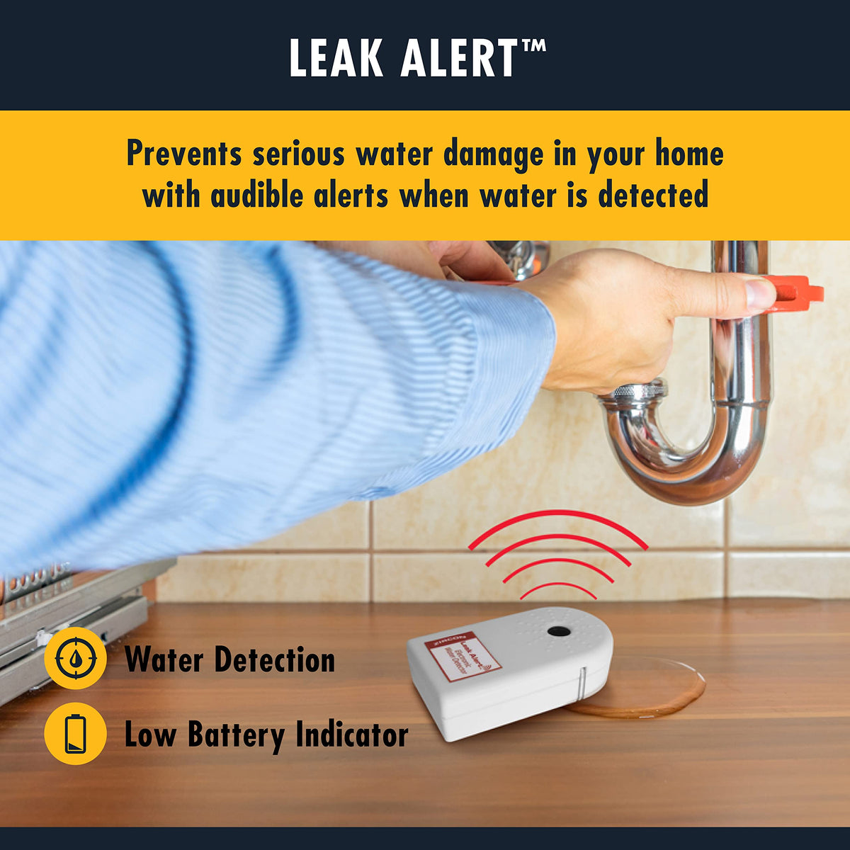 Zircon Leak Alert 90dB alarm emits loud warning near leaks.