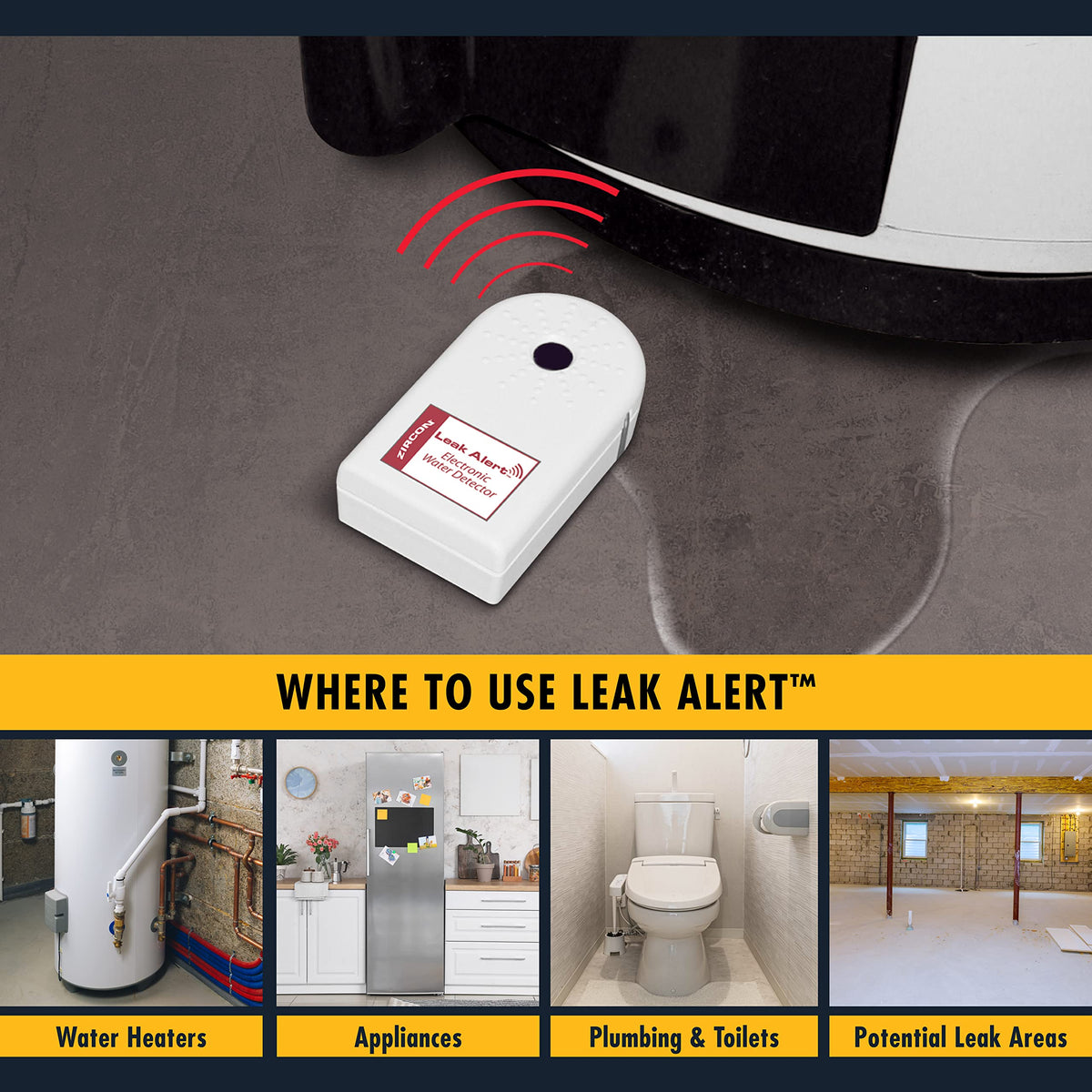 Zircon Leak Alert requires no wiring, battery-powered for easy setup.