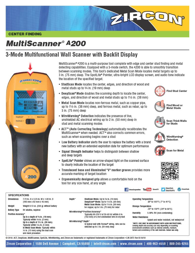 Zircon MultiScanner A200 multiple scan modes adapt to hanging, remodeling, or electrical tasks