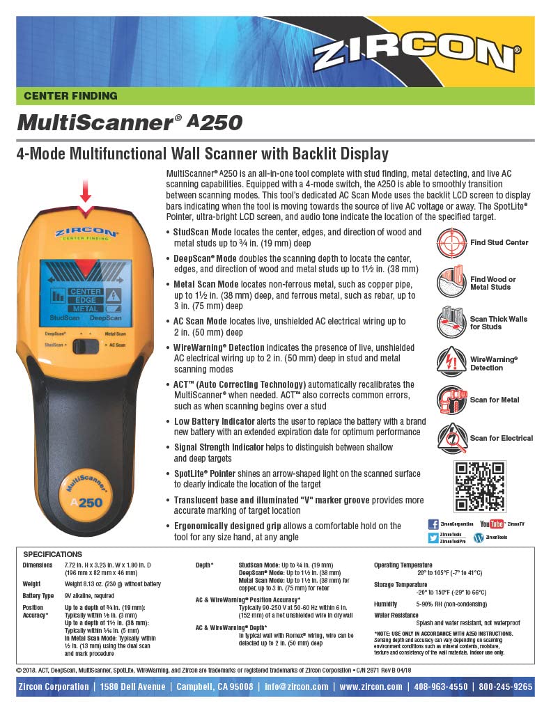 Zircon MultiScanner A250 compact handheld design, ideal for DIY projects.