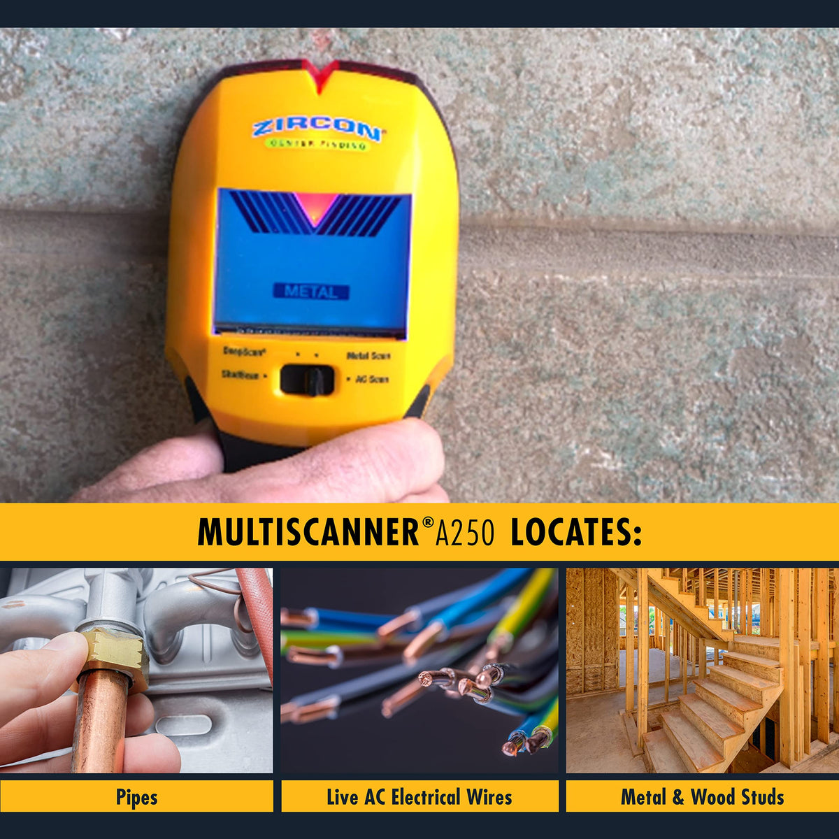 Zircon MultiScanner A250 using DeepScan to detect deeper objects behind plaster.