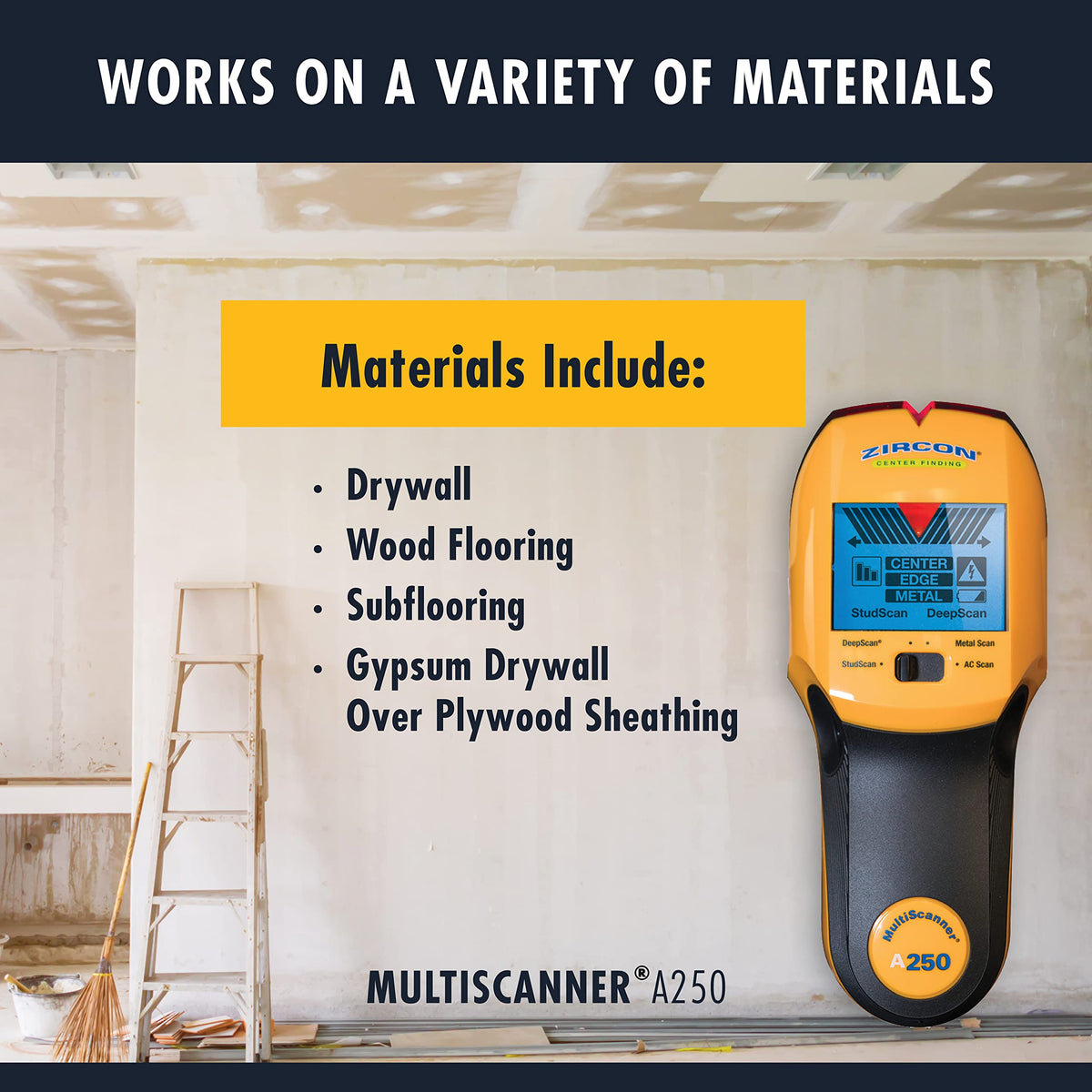 Zircon MultiScanner A250 detecting metal with Metal Scan mode for safe electrical work.
