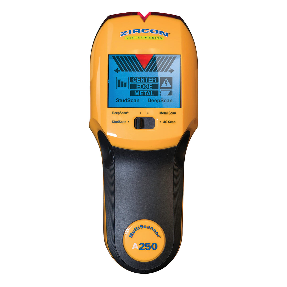 Zircon MultiScanner A250 with SpotLite pointer locating studs behind drywall for safe mounting.