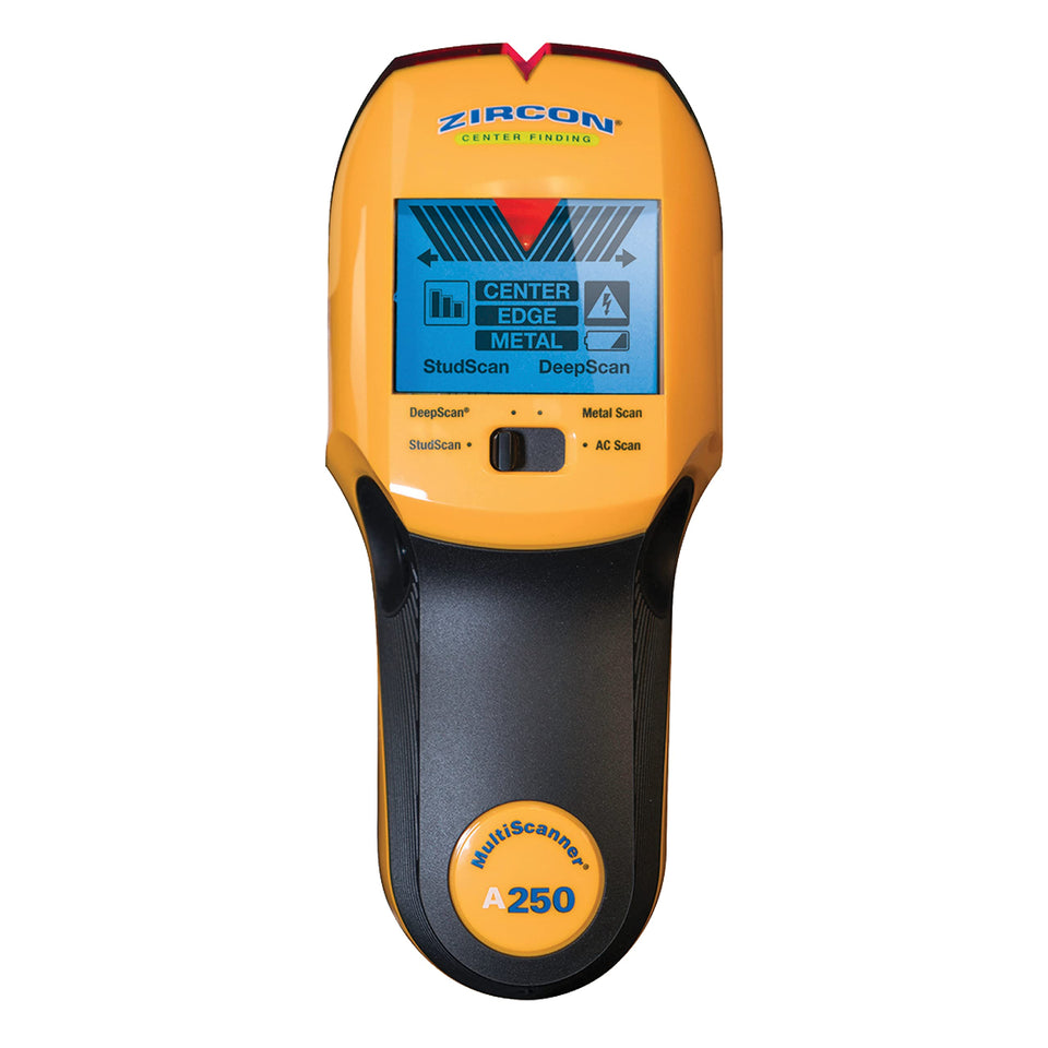Zircon MultiScanner A250 with SpotLite pointer locating studs behind drywall for safe mounting.