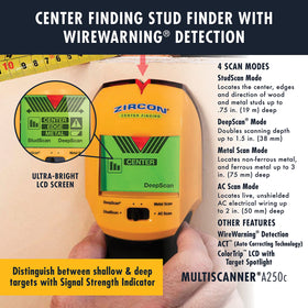 Zircon MultiScanner A250c WireWarning detects live wires before drilling.