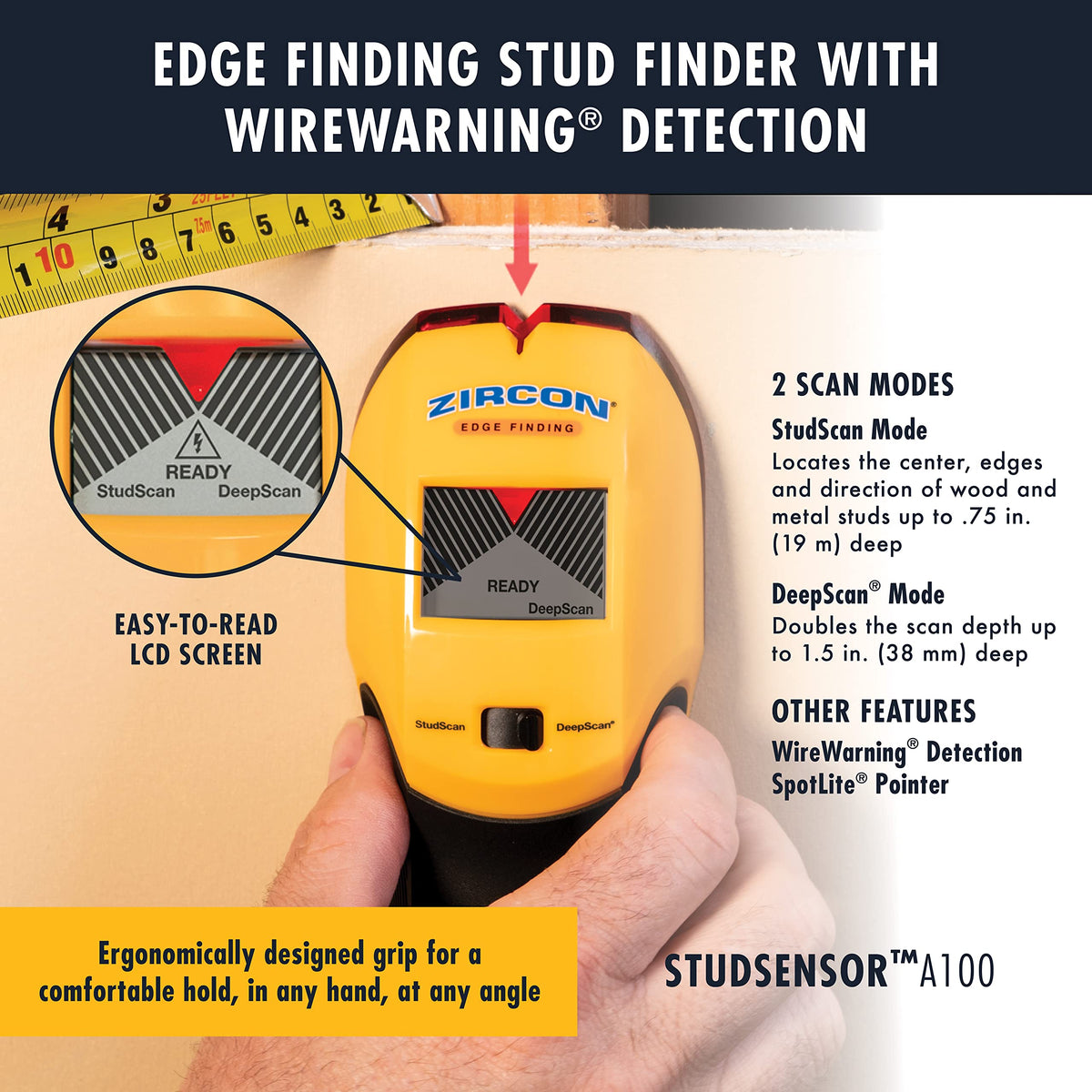 Zircon StudSensor A100 display readout clearly shows readings for quick wall scanning