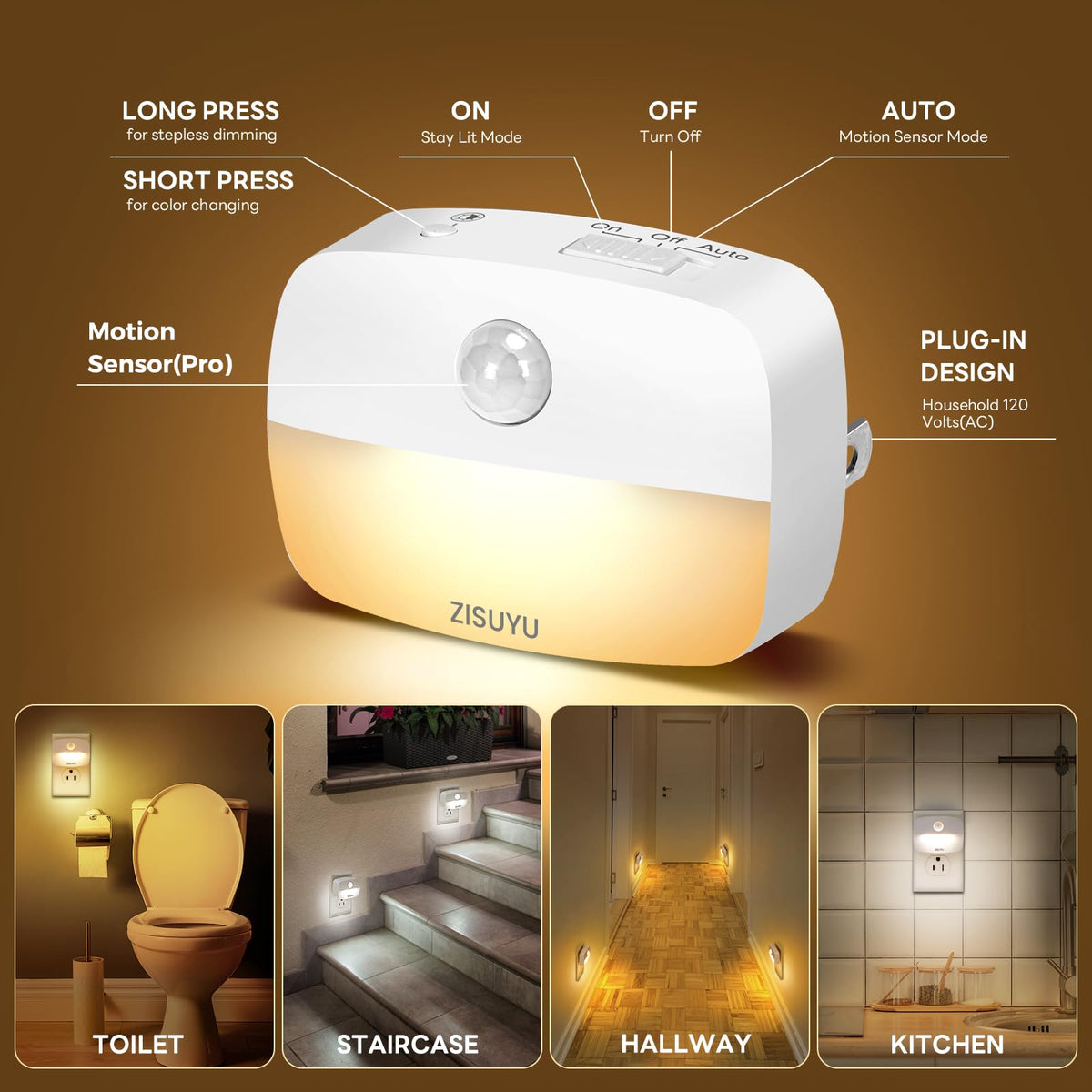 ZISUYU tri-mode night light with AUTO OFF ON for flexible use