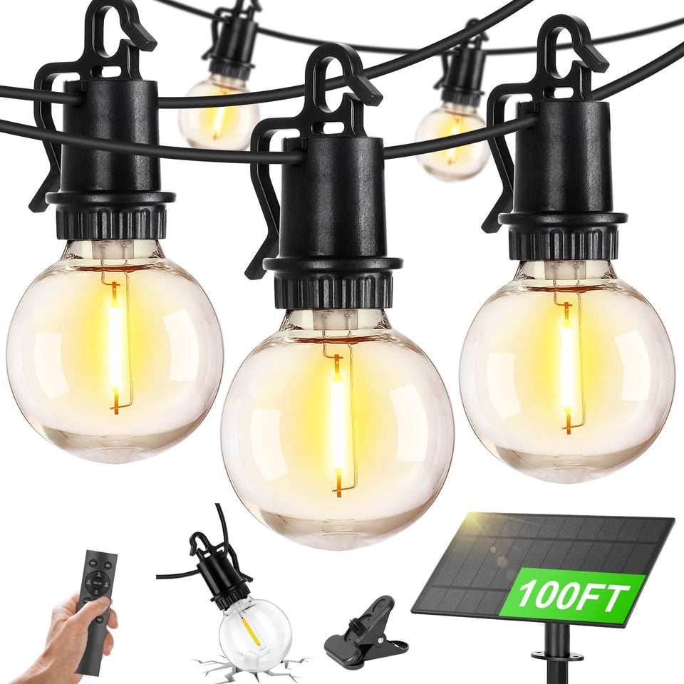ZJOJO 100ft solar lights teardrop ambiance for warm outdoor evenings.