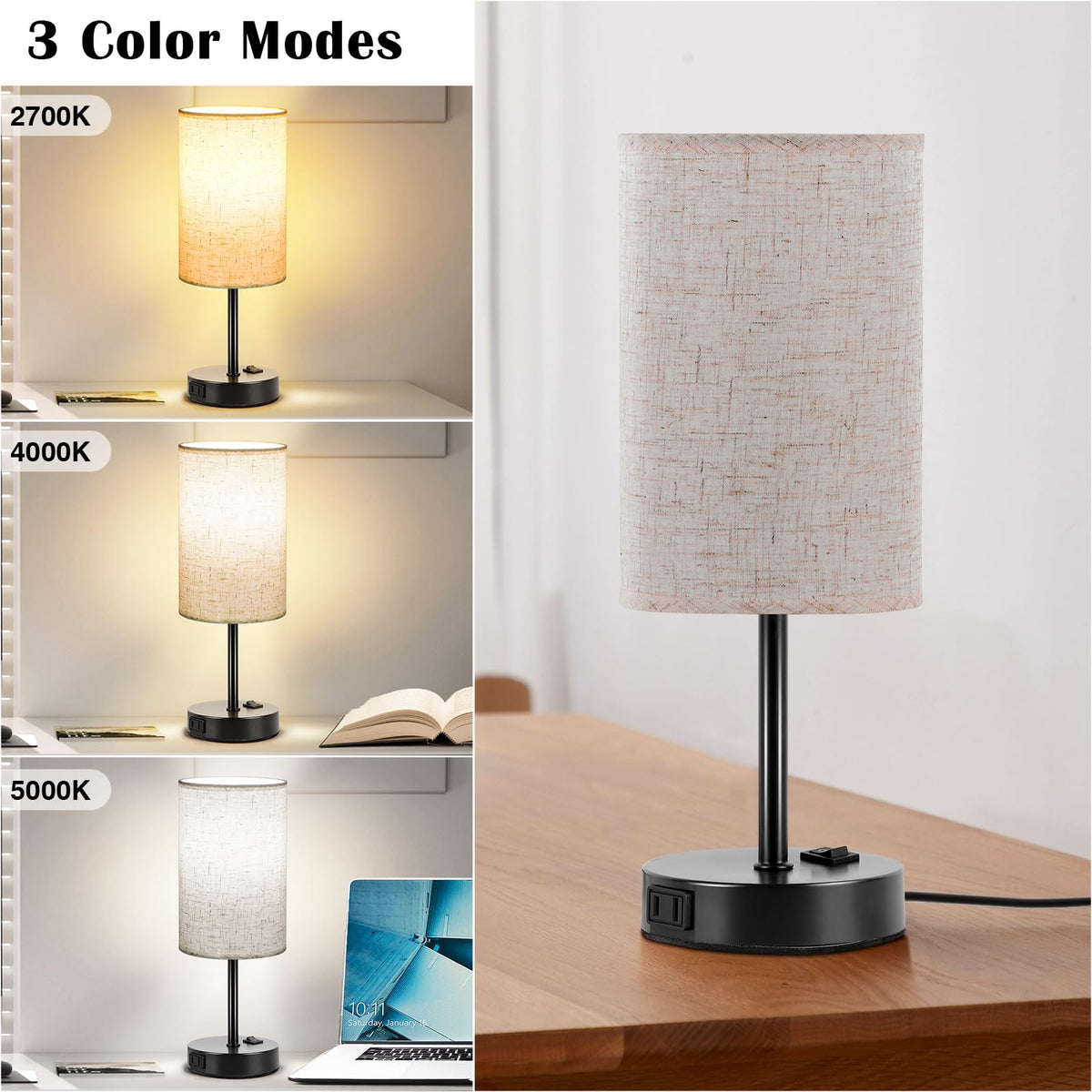 ZJOJO table lamp 3-way dimmable for customizable brightness.