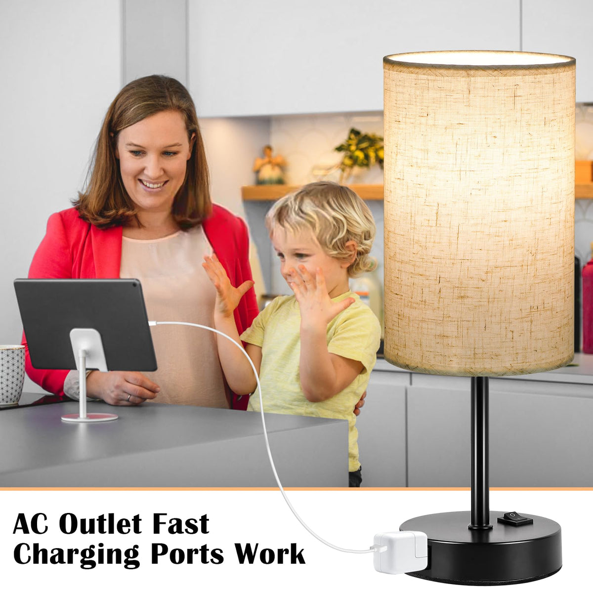 ZJOJO table lamp with built-in AC outlets for charging.