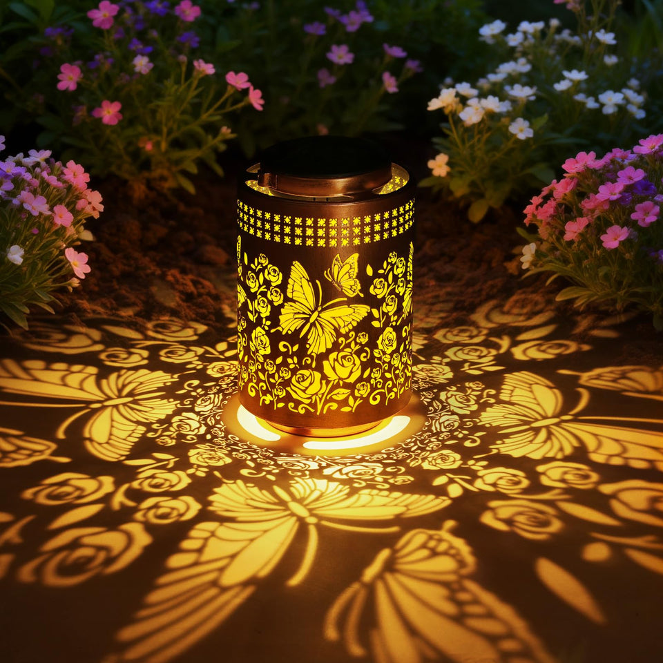 ZKLILI butterfly solar lantern casts warm butterfly patterns in your garden