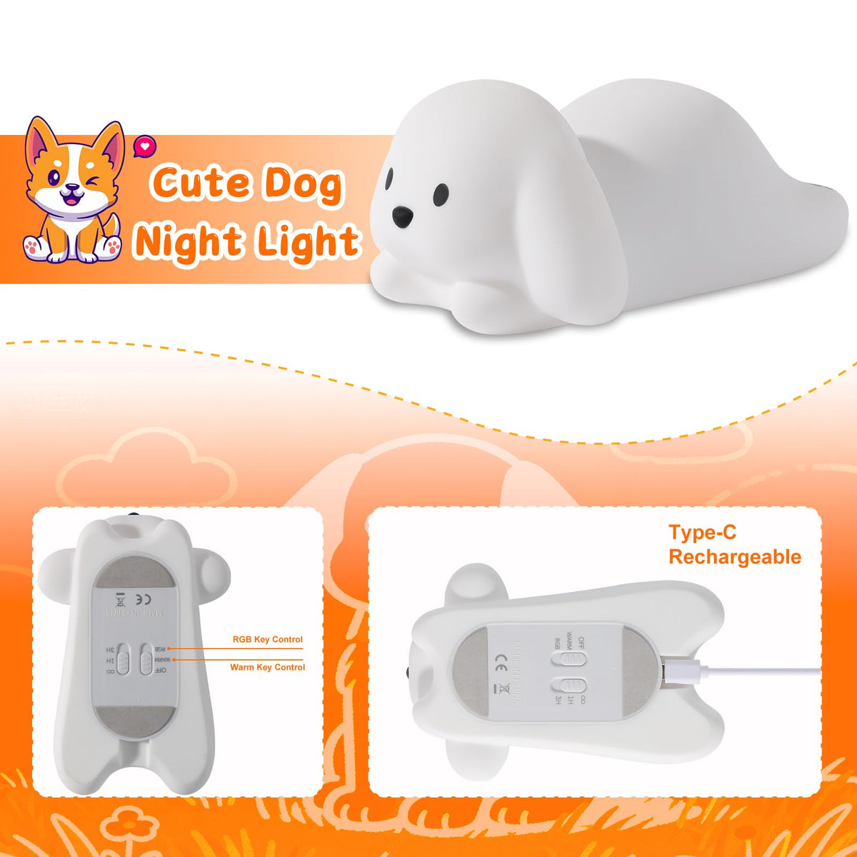 ZKLiLi dog night light features tap control for easy operation.
