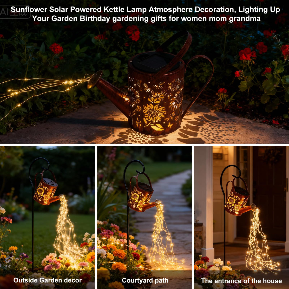 ZKLiLi Sunflowers garden lantern on the patio adds soft ambiance and safe walkway lighting.