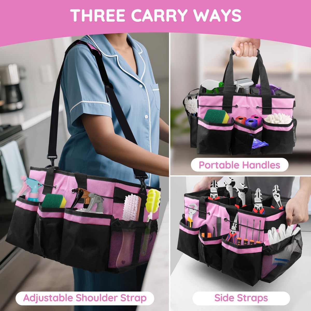 ZKOO cleaning caddy pink external pockets provide quick access to essentials