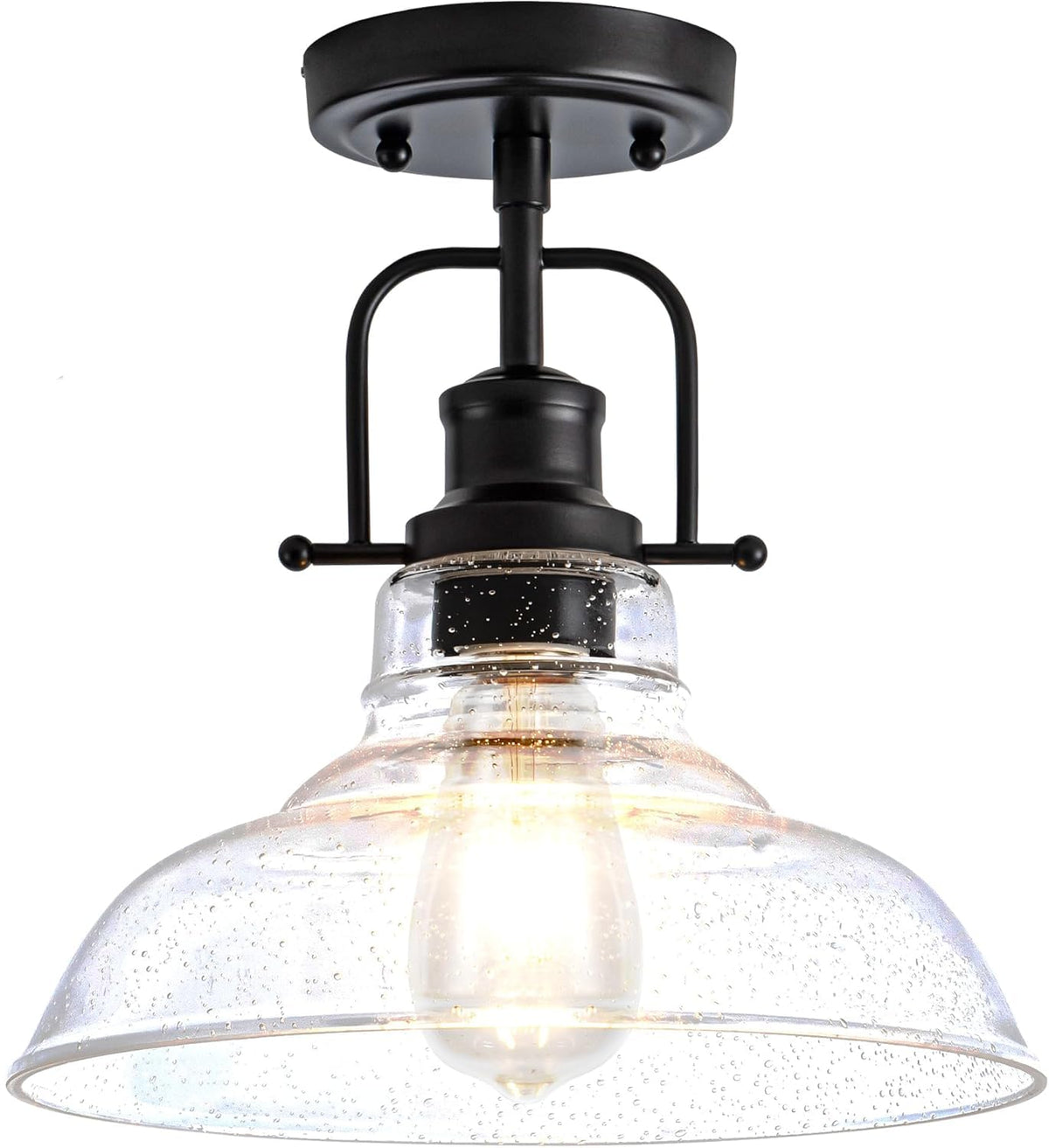 Zlepmlla flush mount light with black metal frame and seeded glass shade for vintage ambiance.