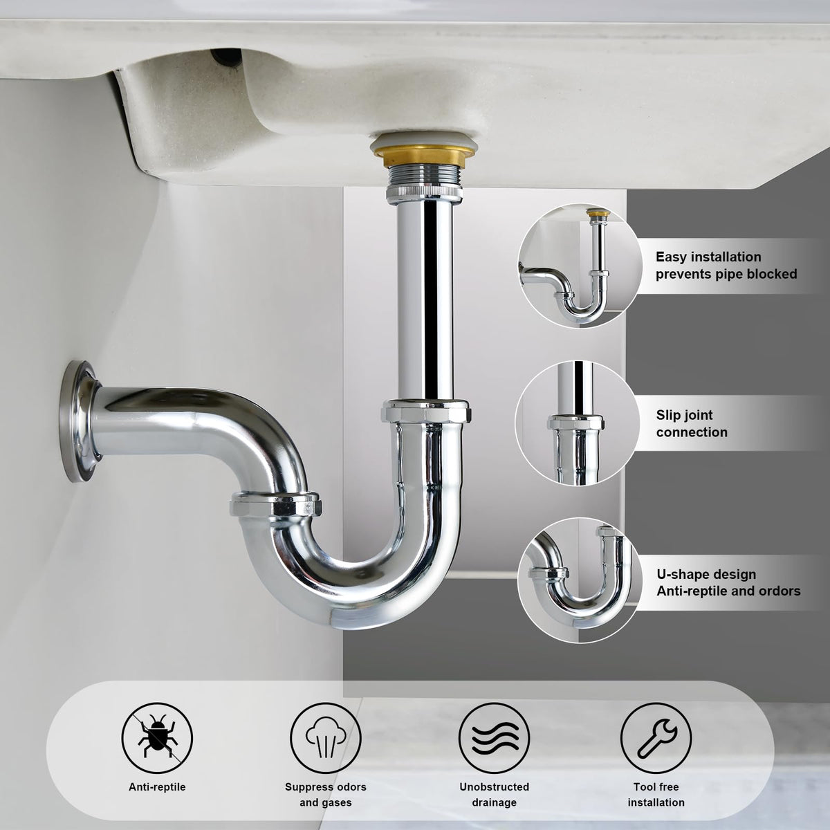 ZM Brass P-Trap with slip joint connection for secure, tool-free setup.