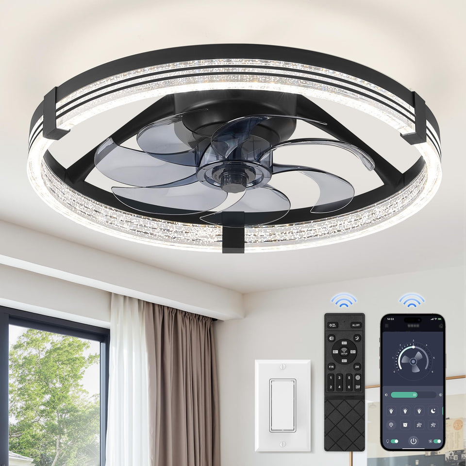 ZMISHIBO 20-inch low-profile fan with light delivers adjustable brightness for living spaces.