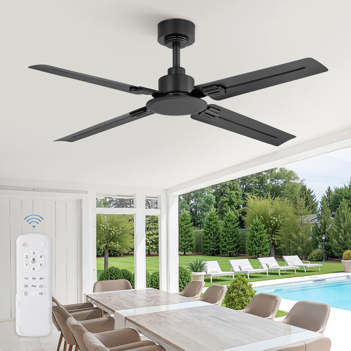 ZMISHIBO 48-inch no-light ceiling fan with remote for quiet indoor and covered outdoor spaces.