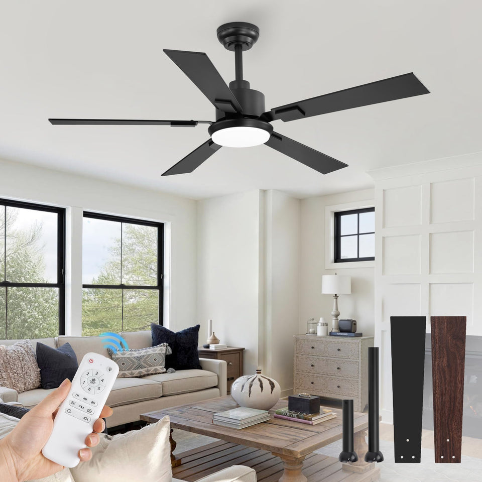 ZMISHIBO 52-inch black ceiling fan with lights and remote in a living room.