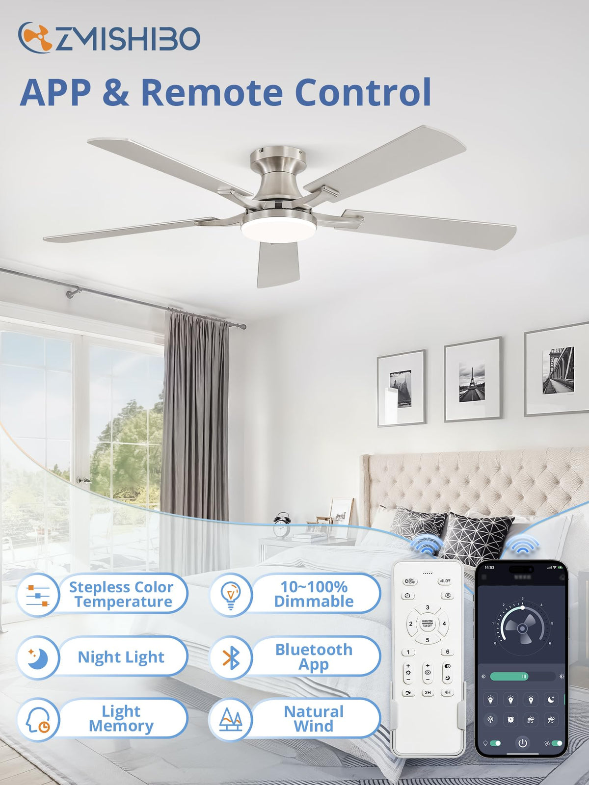 ZMISHIBO remote-control setup highlights effortless dimming and color-temperature adjustments.