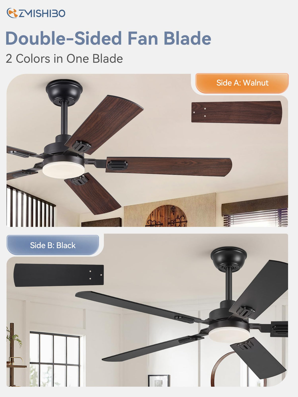 ZMISHIBO six-speed fan with timer and reversible mode via control.
