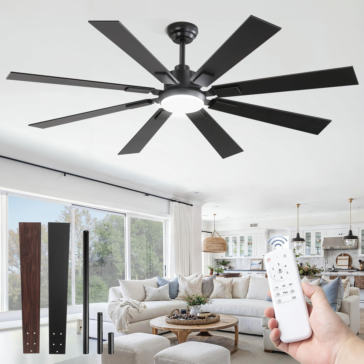ZMISHIBO 62-inch ceiling fan with remote and LED light for living spaces