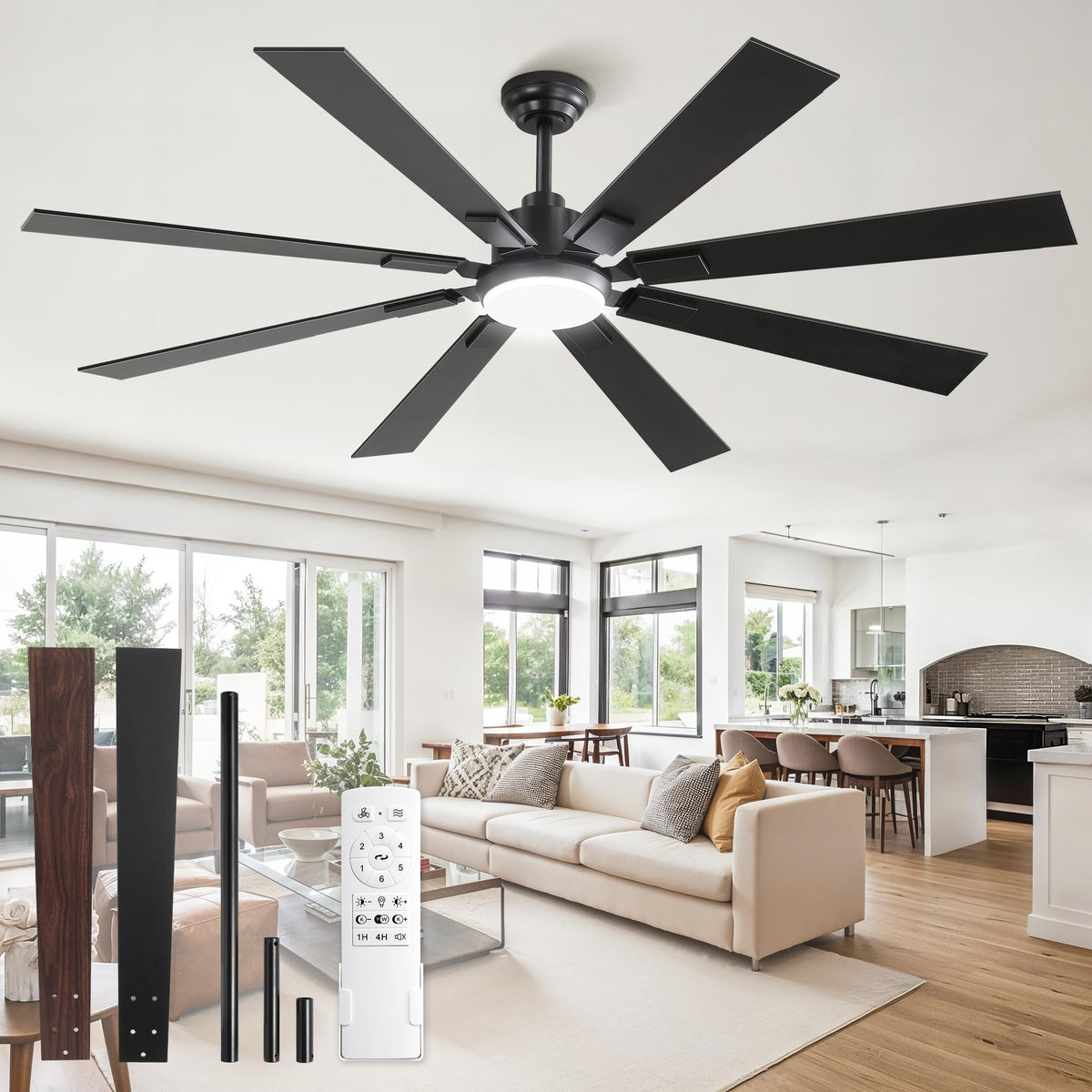ZMISHIBO 65-inch ceiling fan front view with built-in lights for a bold living room statement.