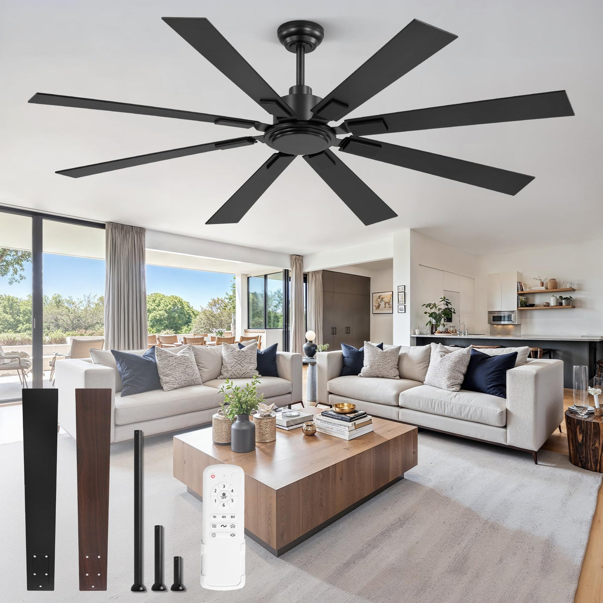 ZMISHIBO 65-inch no-light ceiling fan with remote for large rooms.