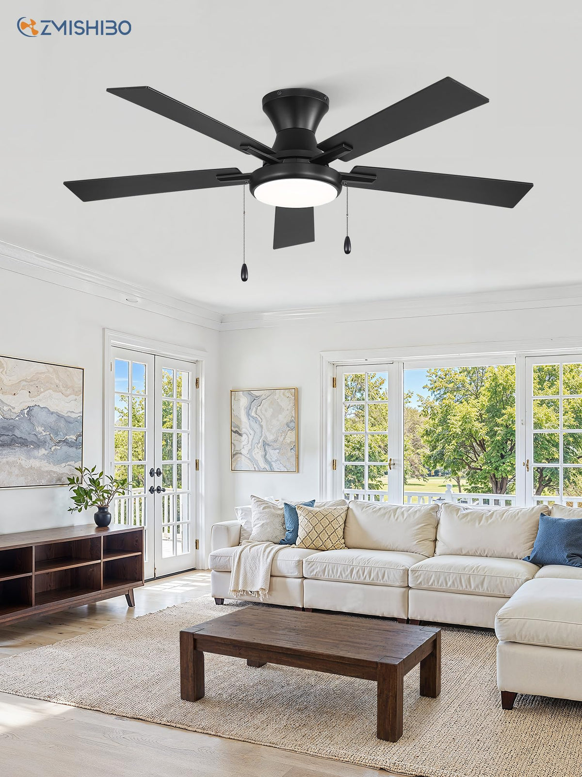 ZMISHIBO living room setup showcases wide airflow and soft lighting.