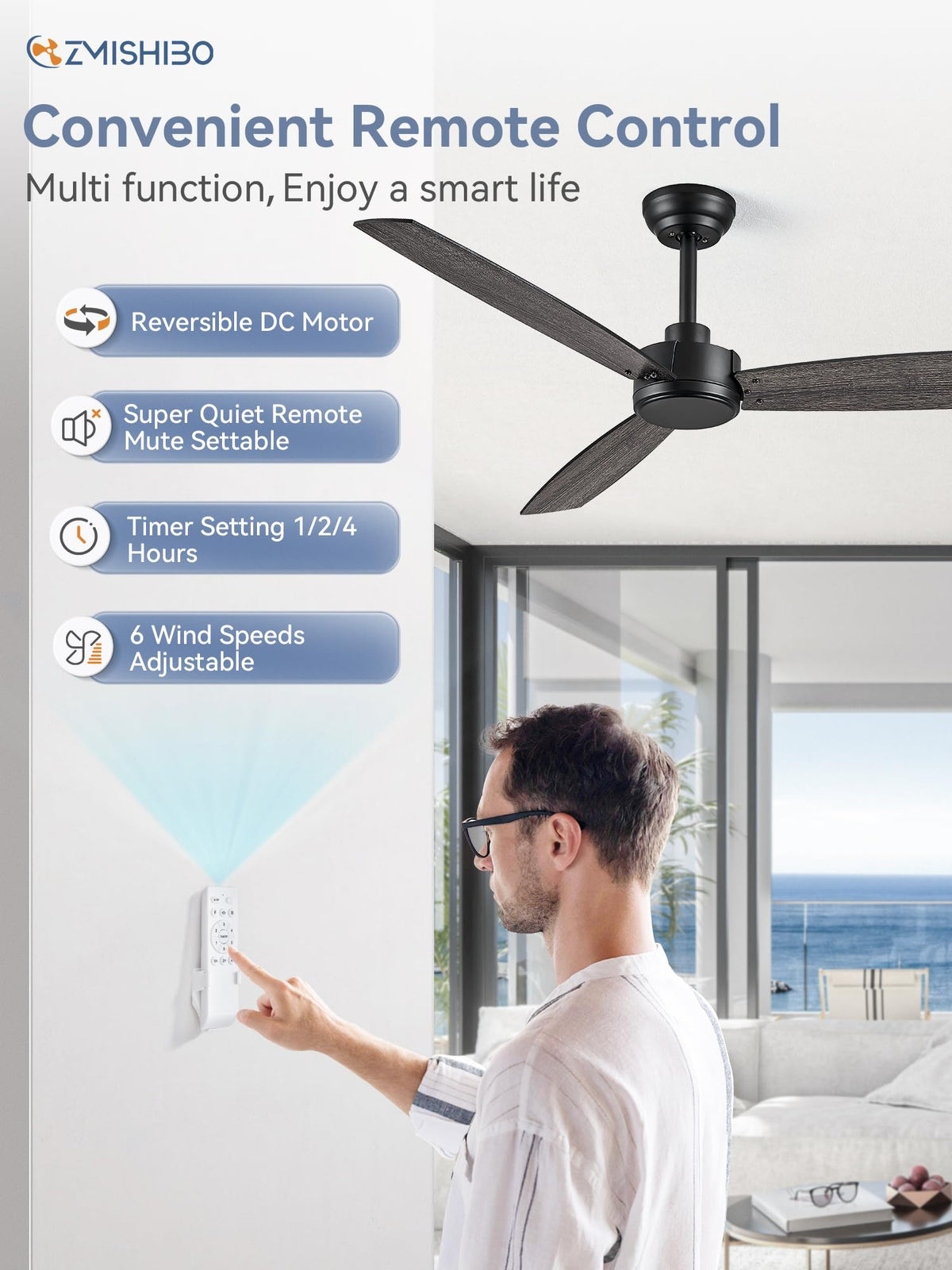 ZMISHIBO remote control enables convenient on/off and speed adjustments from anywhere.