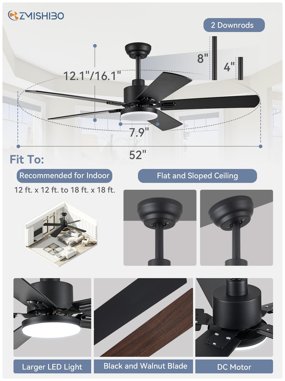 ZMISHIBO adjustable downrods 4-inch and 8-inch for versatile installation height.