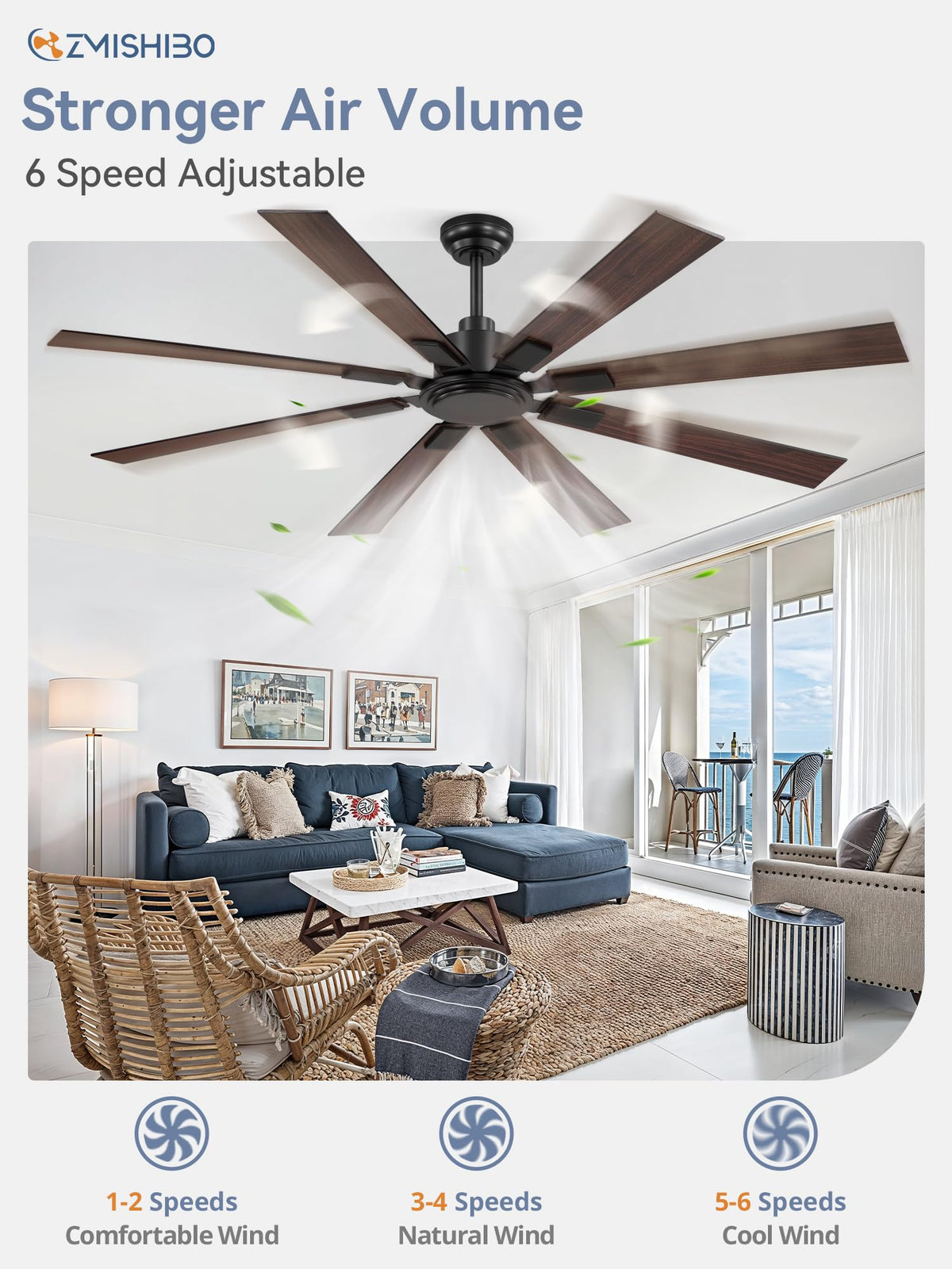 ZMISHIBO dual-color black walnut finish ceiling fan without light for versatile decor.