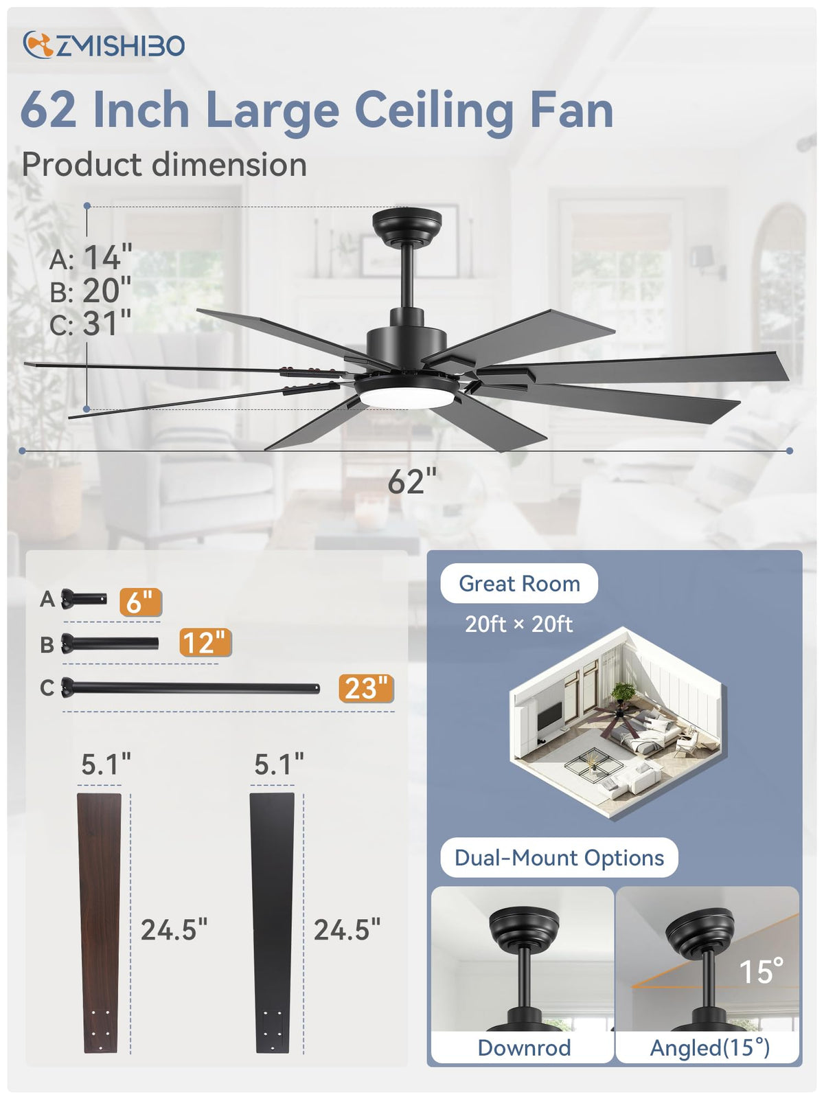 ZMISHIBO eight-blade design emphasizes powerful airflow and balanced aesthetics