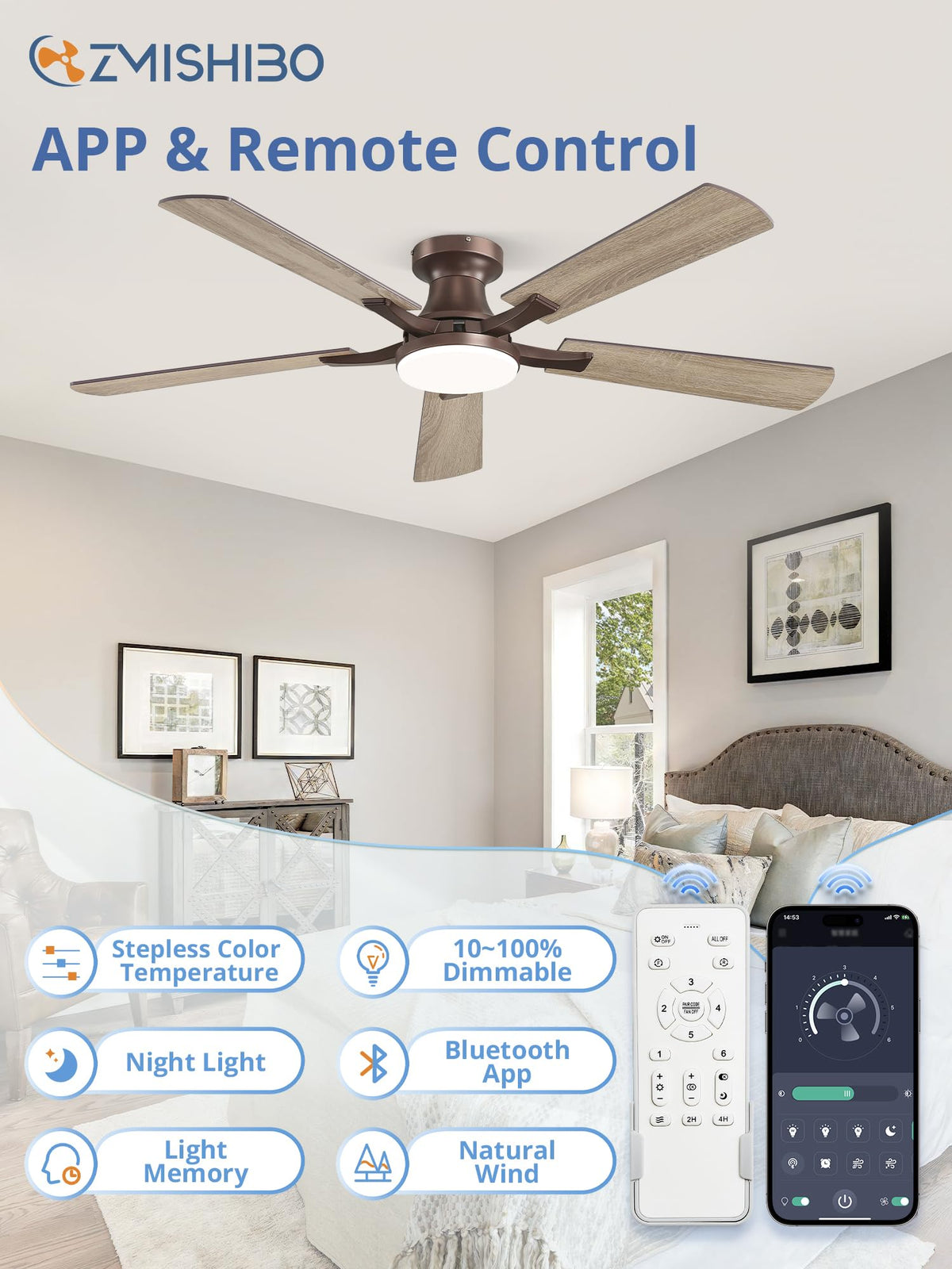 ZMISHIBO fan shown with app and remote control for easy operation.
