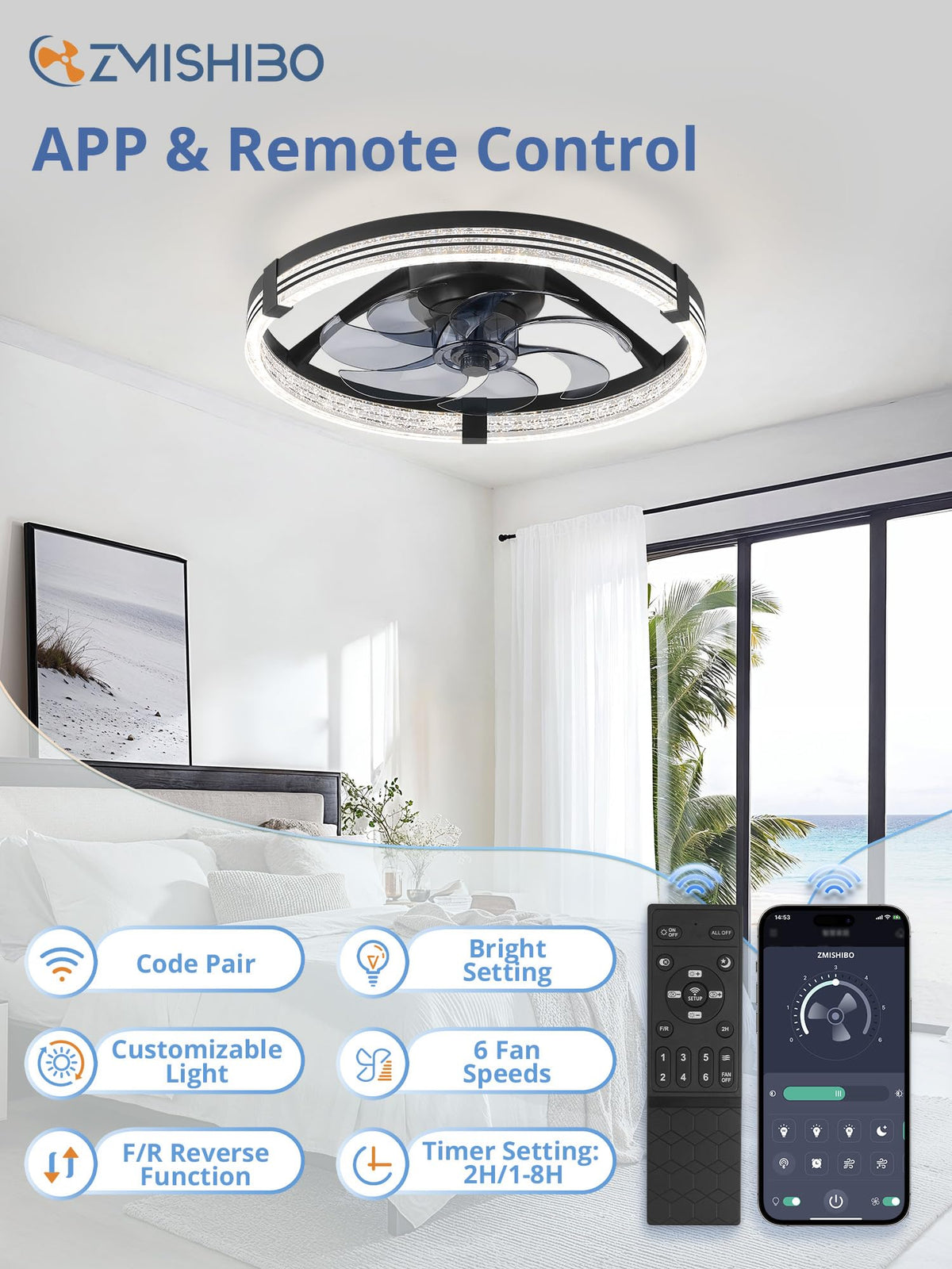 ZMISHIBO flush-mount ceiling fan control provides a seamless, modern presence in any room.