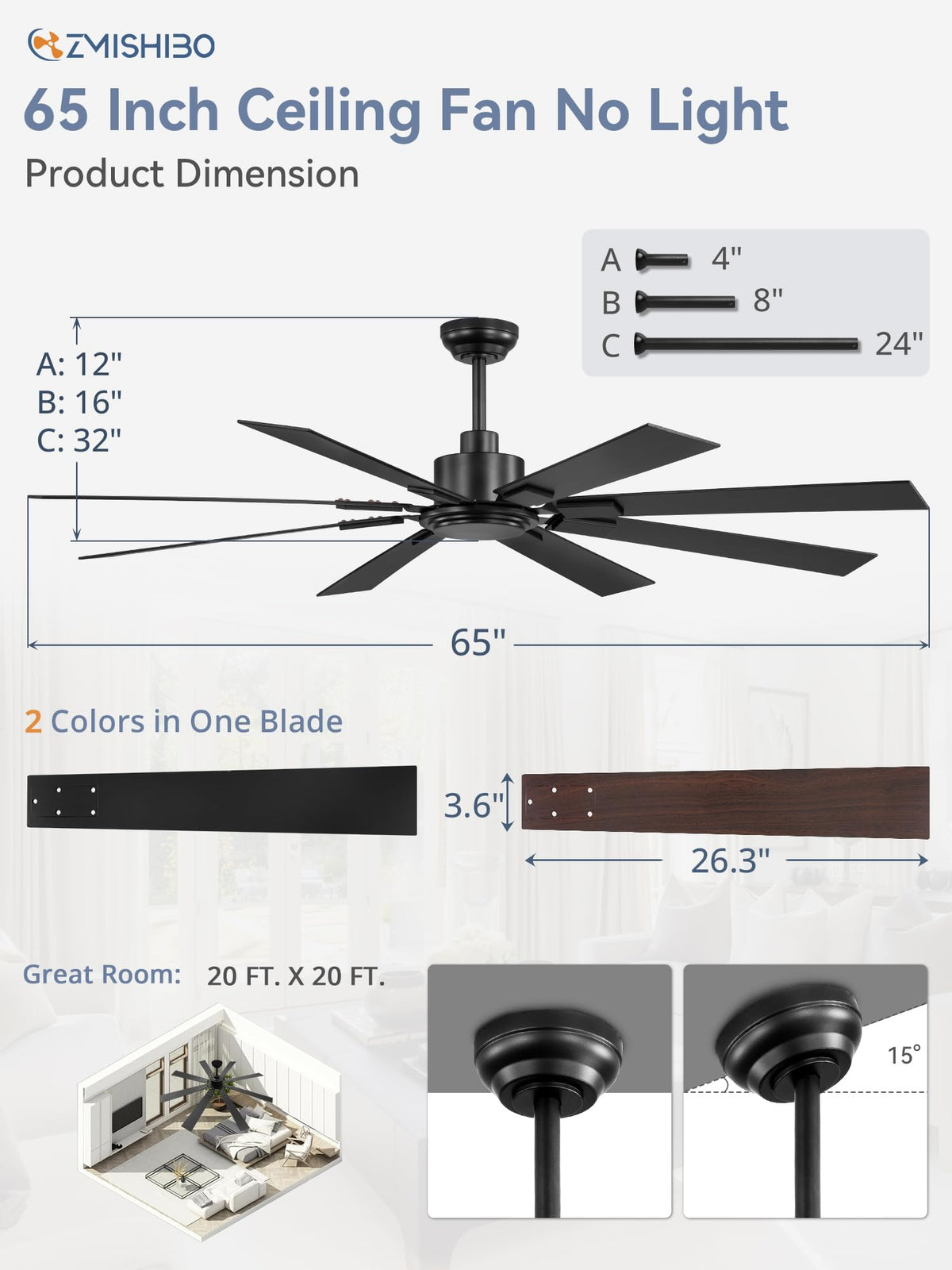 ZMISHIBO indoor/outdoor ceiling fan suitable for patios.