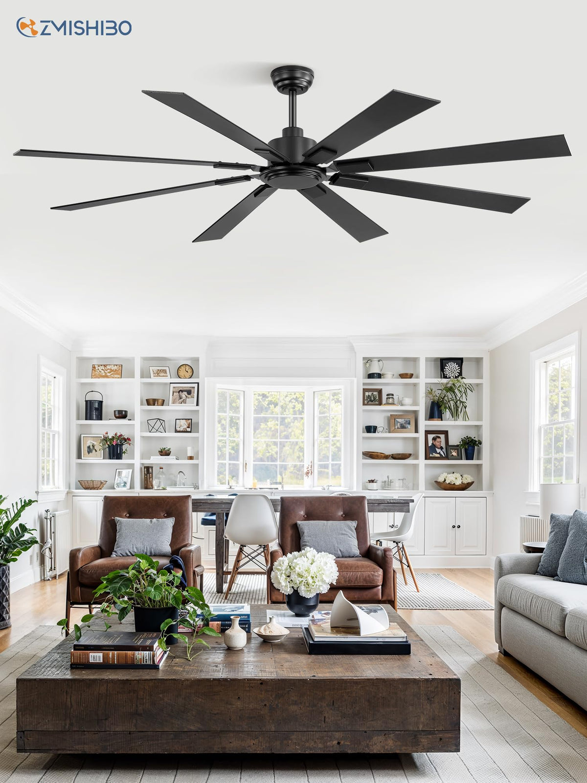 ZMISHIBO indoor/outdoor ceiling fan suitable for patios, living rooms, and garages.