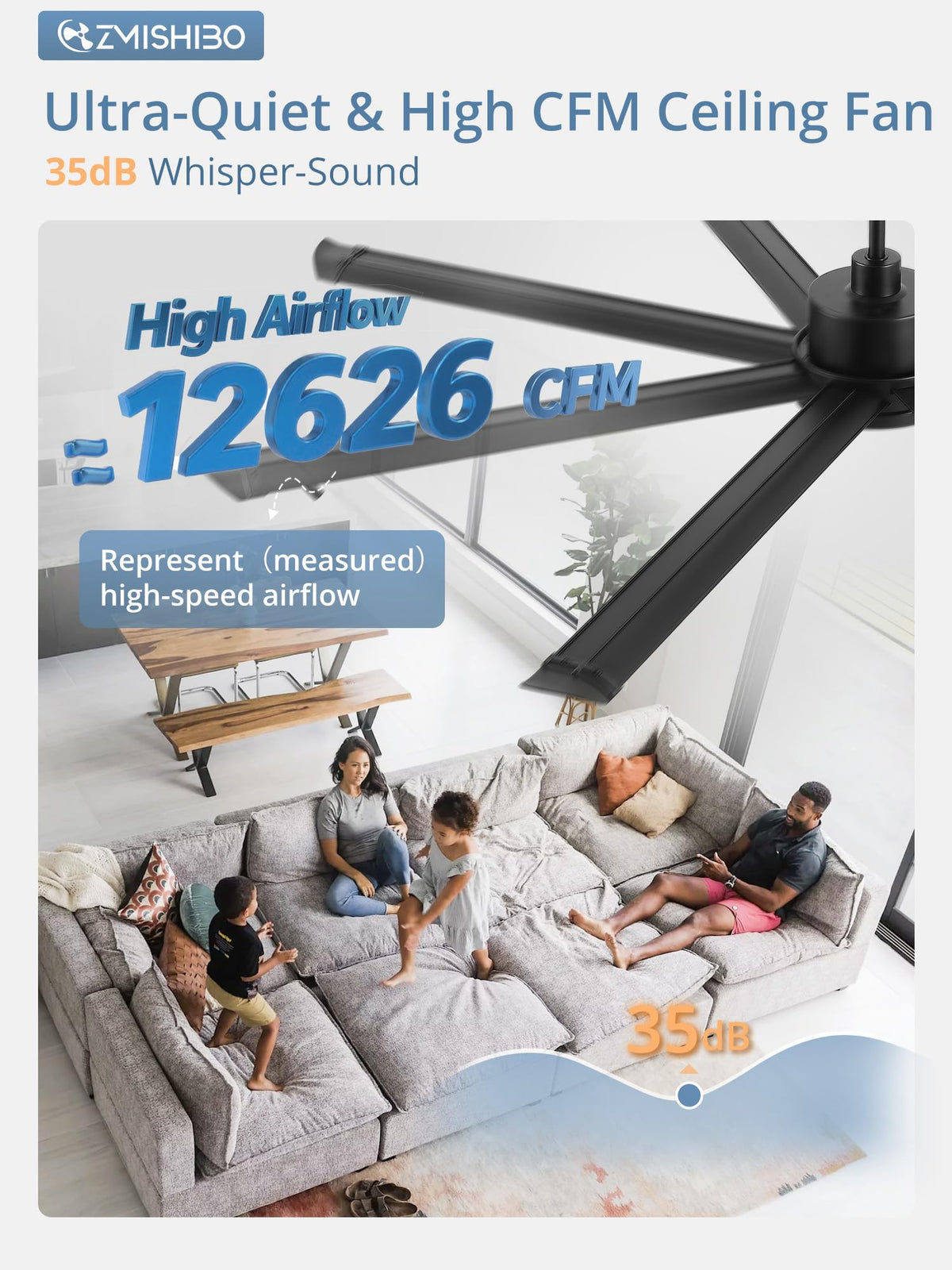 ZMISHIBO industrial ceiling fan shows quiet DC motor in action.