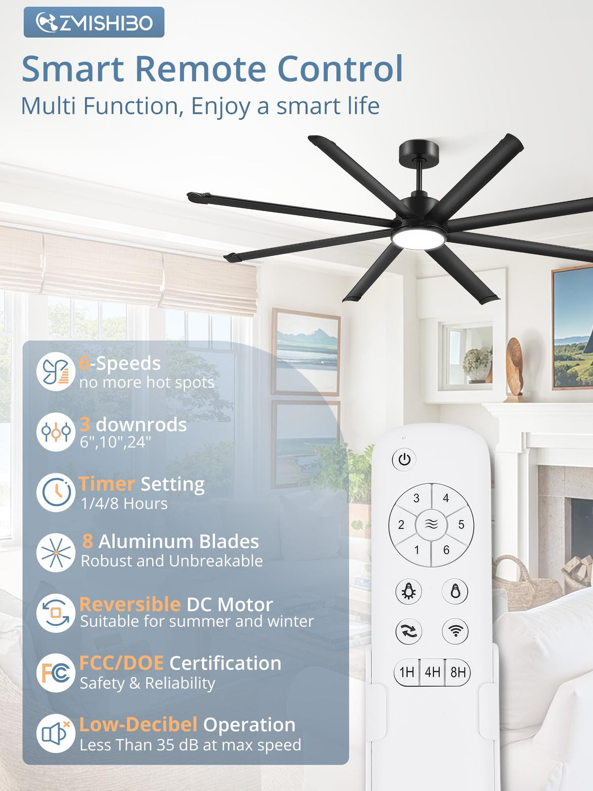 ZMISHIBO eight aluminum reversible blades ensure stable airflow.