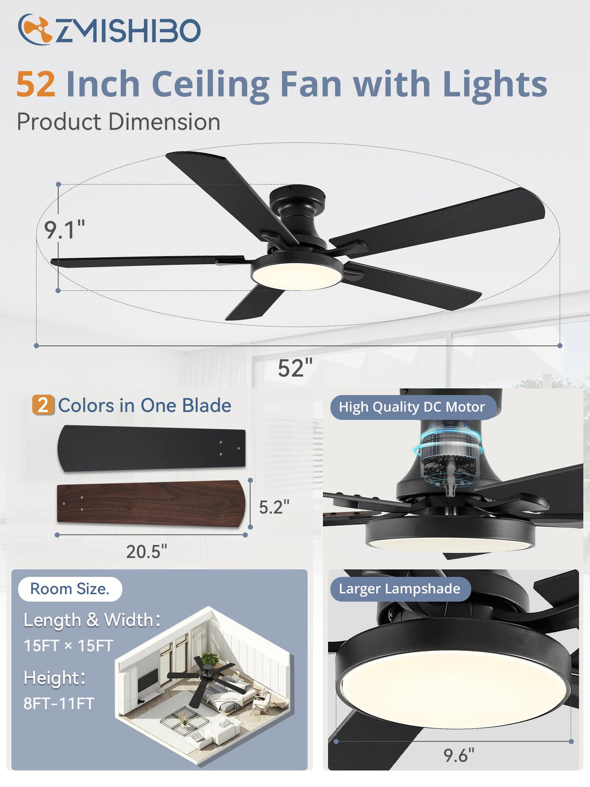 ZMISHIBO reversible blades in black and walnut finish for year-round comfort.