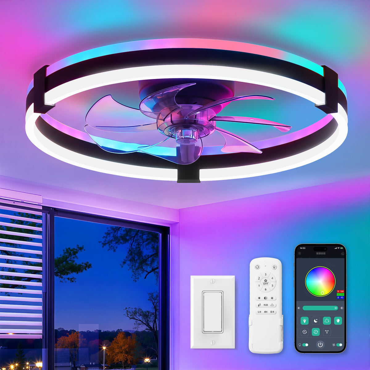 ZMISHIBO RGB ceiling fan with remote for color control and convenient operation.