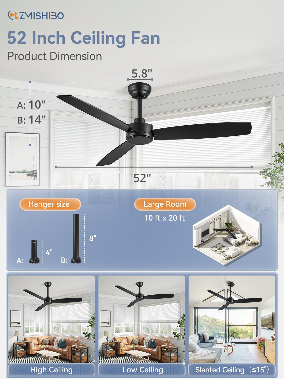 ZMISHIBO three-blade layout with wood grain detail complements modern and rustic decor.