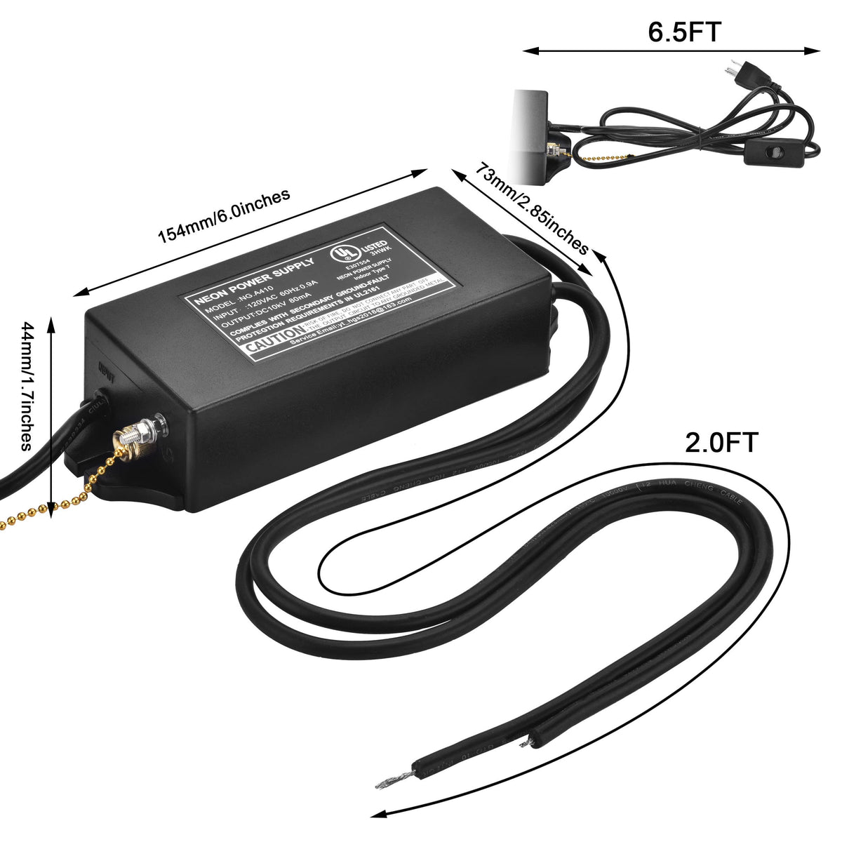 ZODZ NG.A410EL neon transformer input-output details for versatile glass signs.