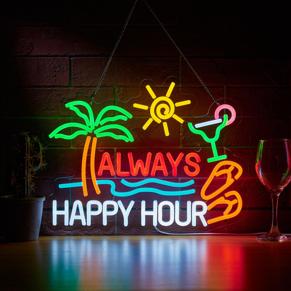 ZODZ Always Happy Hour neon sign glows warmly for home bar décor.